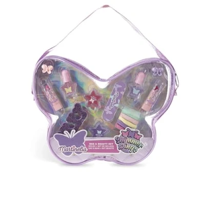 Image of MARTINELIA Shimmer Wings Butterfly Bag Children&#039;s Make up Set in with Glitter Nail Polish, Lip Gloss, Hair Accessories and Colourful Bobbles, Colourful, 4/26/20 cm,
