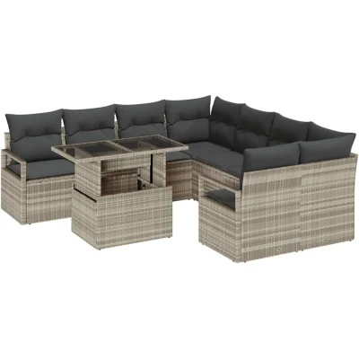 Image of vidaXL 9 Piece Garden Sofa Set with Cushions Light Grey Poly Rattan