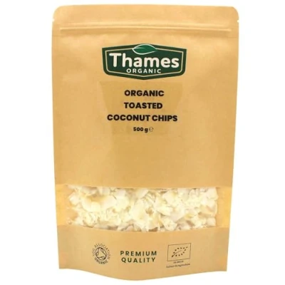 Image of Organic Toasted Coconut Chips Unsweetened, Vegan, GMO Free, Certified No Additives or Preservatives Crunchy and Delicious Topping Snack Tropical Superfood Thames 500g