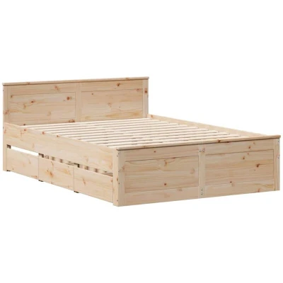 Image of vidaXL Bed Frame without Mattress 140x190 cm Solid Pine Wood with Headboard/Drawers Brown