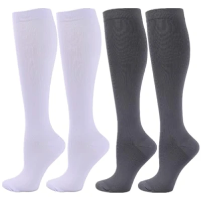 Image of Zingso Compression Socks for Women Men, 2 Pairs 20 25mmHg Knee High Stockings Sport, Athletic, Edema, Diabetic, Varicose Veins, Travel, Pregnancy, Nursing (L/XL, White Grey)
