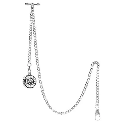 Image of TREEWETO Pocket Watch Chain with T Bar End Albert Antique Sun Pendant and 2 Hooks for Vest Buttonhole Silver