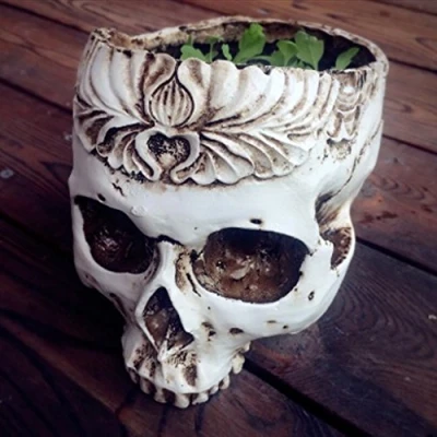 Image of Flower Pot Planter Container Halloween Decor Resin Skull Head Shape Home Bar Ornament