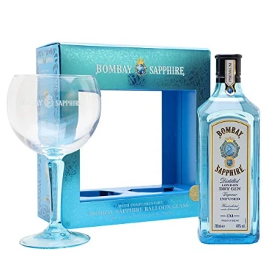 Image of Bombay Sapphire Gin Cocktail Gift Set, 70cl / 700 ml &amp; Balloon Glass, Including Premium Distilled London Dry Gin, 40% ABV