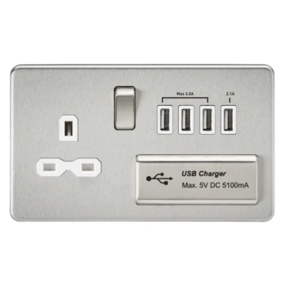 Image of KnightsBridge 13A 2G Screwless Brushed Chrome 1G Switched Socket with Quad 5V USB Charger Ports White Insert