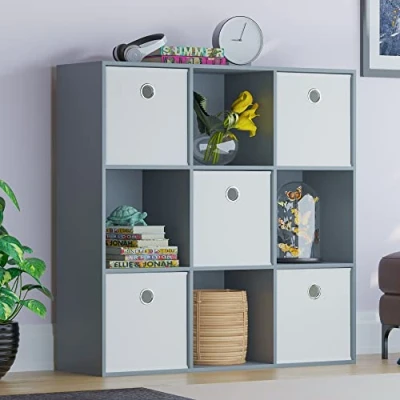 Image of Vida Designs Durham Cube Bookcase Storage Organiser Living Room Bookshelf Home Office Furniture (9 &amp; 5 White Baskets, Grey)