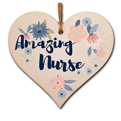 Image of The Plum Penguin Handmade Wooden Hanging Heart Plaque Gift Amazing Nurse Thank You Special Someone Present Floral Style Card Alternative