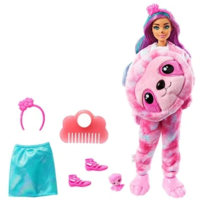 Image of Barbie Cutie Reveal Fantasy Series Doll with Sloth Plush Costume &amp; 10 Surprises Including Mini Pet Color Change, Gift for Kids 3 Years Older
