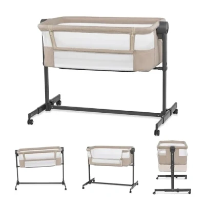 Image of KinderKraft Neste up 2 Bedside Crib, Travel Cot, Co Sleeping Bed, Ajustable Height, Foldable Side Wall, Transport Wheels, with Accessories, Cotton Sheet, for Newborn, 0 9 kg, to 6 Month, Beige