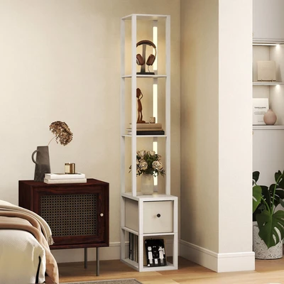 Image of HOMCOM Floor Lamp with Shelves, LED Column Modern Standing Fabric Drawer, Adjustable Brightness, Foot Switch for Living Room, Bedroom, Office, White