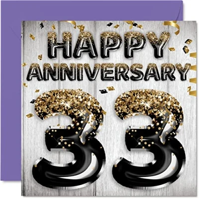 Image of Awesome 33rd Anniversary Card for Husband Boyfriend Wife Girlfriend Black Gold Glitter Balloons Happy 33 Cards from Family, 145mm x Greeting Thirty Third Anniversaries