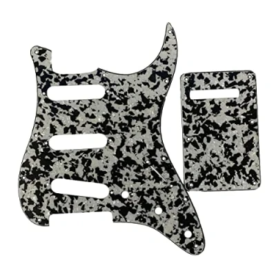 Image of KAISH 11 Hole ST/Strat Style Pickguard SSS Pick Guard with ST Back Plate Tremolo Trem Cover for USA/Mexico Stratocaster/Strat Black White Agate