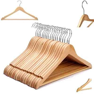 Image of Strong Natural Wood Wooden Coat Hangers with 360 Degree Rotatory Hook &amp; Round Trouser Bar Shoulder Notches Durable Wardrobe Space Saver Suitable for Coat, Jacket, Suit, Jumper (5)