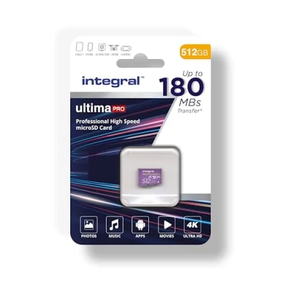 Image of Integral 512GB Micro SD Card 4K Video Read Speed 180MB/s and Write 150MB/s MicroSDXC A2 C10 U3 UHS I 180 V30 Memory