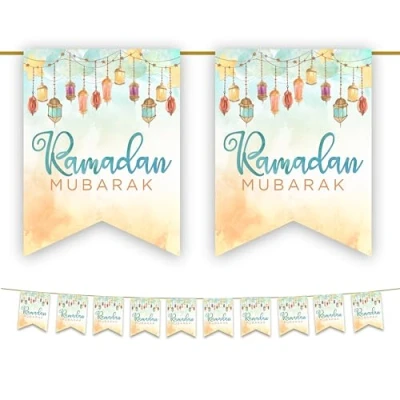 Image of Ramadan Mubarak Bunting Decorations (Watercolour Lanterns) Ramadhan Kareem Banner Flags Hanging Decor for Home Domes Lanterns Moon Star