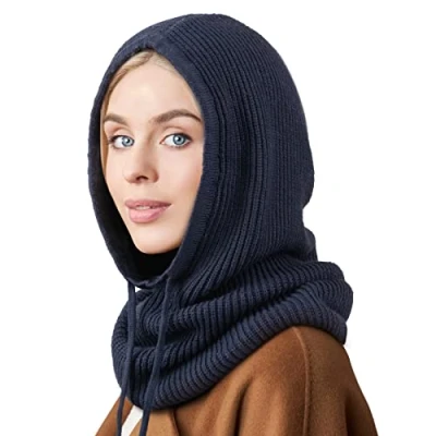 Image of DRESHOW Winter Hats for Women Balaclava Knit Beanie Skull Cap with Drawstring Warm Hooded Scarf Hat