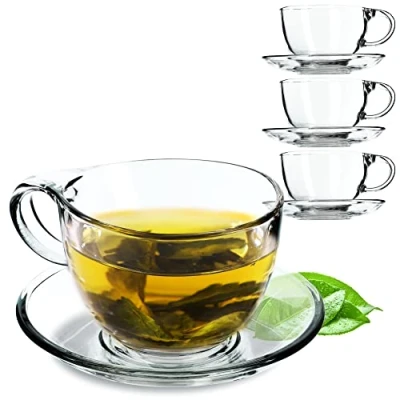 Image of KADAX Glass Cup with Saucer, 200 ml/250 ml, Transparent Set, Tea Cup, Coffee Cups Saucer (Lea / 4 Pieces)