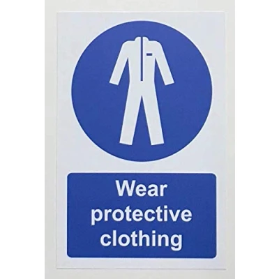 Image of Wear protective clothing Safety sign Self adhesive sticker 200mm x 150mm