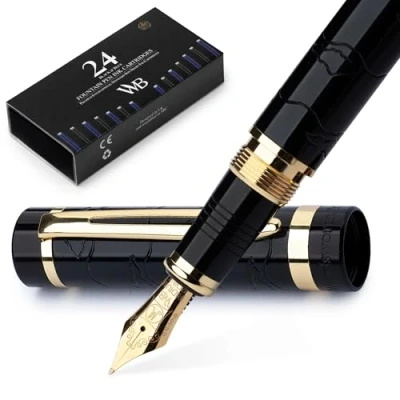 Image of Wordsworth &amp; Black Primori Fountain Pen Set, Medium Nib, Includes 24 Ink Cartridges, Refill Converter, Gift Case, Journaling, Calligraphy; Smooth Writing [Black Gold], Perfect for Men and Women