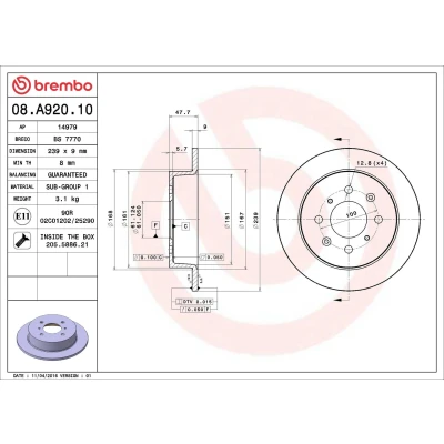 Image of 42510SR3J01, 42510SS1000 Brake disc BREMBO 08.A920.10 239mm 9mm 4 solid HONDA: Jazz 3, 2, CIVIC 6 Stufenheck