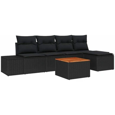 Image of vidaXL 6 Piece Garden Sofa Set with Cushions Black Poly Rattan Acacia