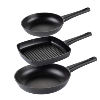 Image of Vitinni Non Stick Cast Aluminium Frying Pan 24cm 28cm and Grill Option Suitable on All Hob Types Including Induction (Set of 3)