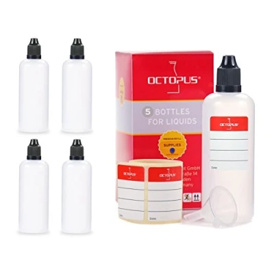 Image of Octopus 100 ml liquid bottle with funnel + blank labels, e.g. for e liquids/e cigarettes plastic bottles made from PE LDPE, dosage bottles, dropper or squeeze