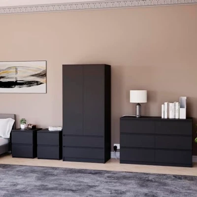 Image of Vida Designs Denver Bedroom Furniture Set (Black, 4pc 6 DWR Chest+2 Dr Wardrobe+2 x 2 Nightstand)