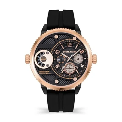 Image of Police Ray Mens Multifunction Watch with Black Hydraulic Pattern Dial and Silicone Strap, 51mm Stainless Steel Case in Branded Box PEWJQ2195241 2 Year Warranty