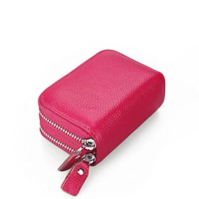 Image of AprinCtempsD RFID Blocking Women&#039;s Credit Card Holder Genuine Leather Ladies Small Coin Purse Men&#039;s Mini Wallet with Double Zipper (Rose)