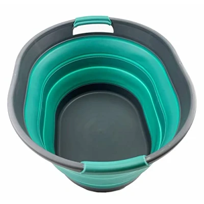 Image of SAMMART 23L Collapsible Plastic Laundry Basket Oval Tub/Basket Foldable Storage Container/Organizer Portable Washing Tub Space Saving Hamper (Grey/Turquoise Blue)