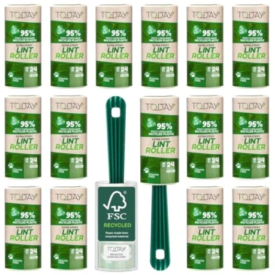Image of Today Eco Lint Rollers 95% Recycled 16 Rolls + 2 Handles Cover. Post Consume Plastic Remover for cat and Dog Hair, Extra Sticky pet Hair