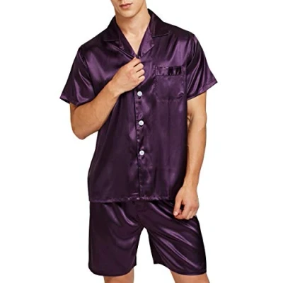 Image of Men&#039;s Short Sleeve Satin Pyjama Set with Shorts (Purple, X Large)