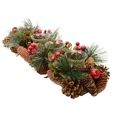 Image of Red Winter Berry &amp; Frosted Pine Cone Tea Light Candle Holder Woodland/Nordic Style (holds 4 tealights) 48cm