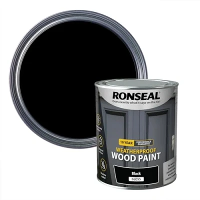 Image of Ronseal 10 Year Weatherproof 2 in 1 Wood Paint Black Gloss 750ml