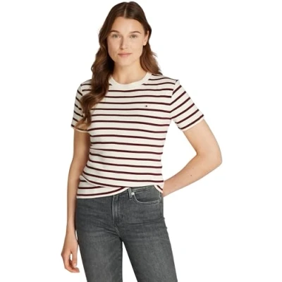 Image of Tommy Hilfiger Women&#039;s New Slim Cody C NK SS WW0WW40587 S/S Knit Tops, Beige, XS