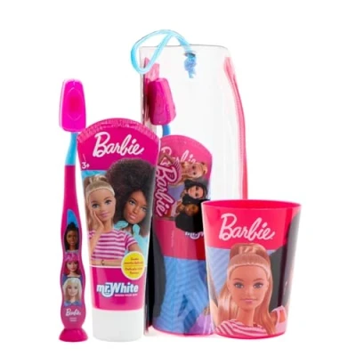 Image of Barbie Toiletry Bag Contains Toothbrush with Protection Cap, Suction Cup, Comfortable Handle and Soft Bristles, Mint Flavour Toothpaste Multi Purpose Beaker for Kids 3+