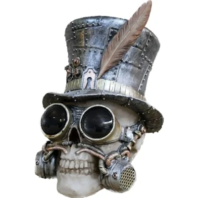 Image of Venture Vehicles Ltd Gothic Resin Steampunk Skull Ornament Top Hat, Feather &amp; Goggles