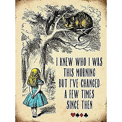 Image of Alice in Wonderland &quot;I knew who I was this Morning&quot; Cheshire Cat Vintage Style Metal Wall Plaque Sign