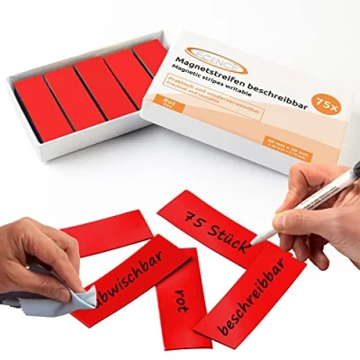 Image of ECENCE Dry Erase Magnetic Labels 75pcs Reusable Name Tags 2.36inchx0.79inch Writable Sticker Notes for Whiteboard Refrigerator Locker Classroom Red