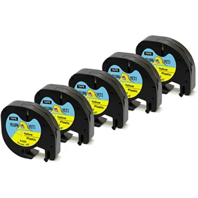 Image of Yellow Yeti 5 Plastic Label Tapes 91202 S0721620 S0721670 Black on 12mm x 4m Compatible with LetraTag LT 100H 100T 110T QX50 XR XM 2000 Plus Makers