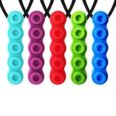 Image of 5 Pack Silicone Chewing Teether Necklace, Cute Chewelry Pendant for Adult &amp; Small Baby to Wear, Soft Sensory Nursing Tools Autism, ADHD, and Teething Kids