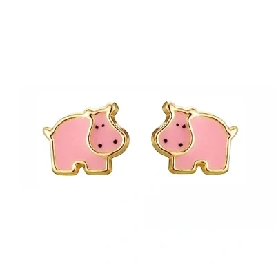Image of 9ct yellow gold enamel pink hippo stud earrings. Gift box