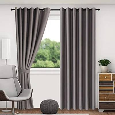 Image of THERMAL BLACKOUT CURTAINS + FREE TIE BACKS, 3&quot; TAPE PENCIL PLEAT &amp; EYELET Ring TOP (Grey Top, 90&quot; x (225cm 225cm))