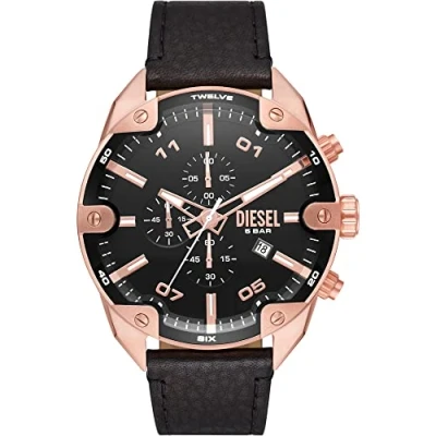 Image of Diesel Watch for Men Spiked, Chronograph Movement, 49 mm Rose Gold Stainless Steel Case with a Leather Strap, DZ4607
