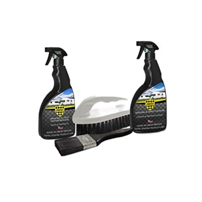Image of PROTEX Caravan &amp; Motorhome Awning Tent Care Kit. Cleaner Waterproofer 500ml. ALSO INCLUDED Iron Style Scrubb Brush 2&quot; Paint