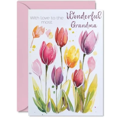 Image of Grandma Birthday Card Watercolour Tulips Flowers Happy for from Grandson Granddaughter, A5 Female Floral Bday Greeting Cards