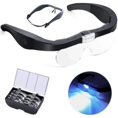 Image of Head Magnifier Glasses with 2 Led Lights, USB Rechargeable Magnifying Glass Eyeglasses Hands Free for Hobbies Reading Craft Close Work, 4 Detachable Lenses 1.5X, 2.5X, 3.5X, 5X Magnification
