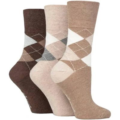Image of Women&#039;s 3 Pair Gentle Grip Argyle Patterned Cotton Socks Brown / Neutral 4 8 Ladies