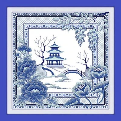 Image of Cross Stitch Kits, Awesocrafts Blue Porcelain Landscape Pavilion Flowers Easy Patterns Stitching Embroidery Kit Supplies Christmas Gifts, Counted (Landscape, Counted)